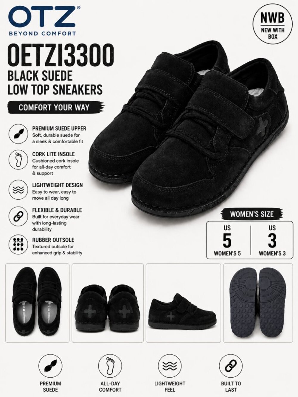 NWB OTZ Shoes Oetzi3300 Black Suede Low Top Sneakers Sizes 3 & 5